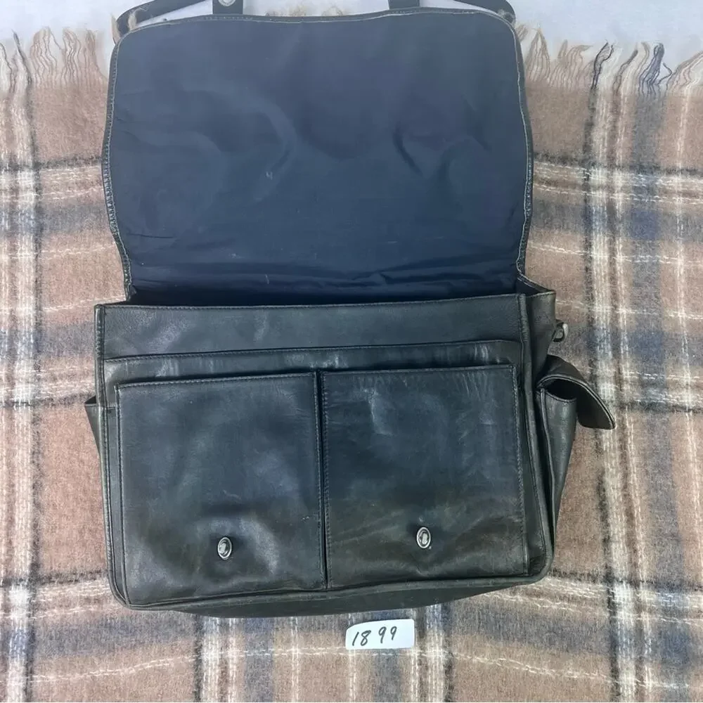 Vintage Genuine Leather Briefcase Black Multi-Pockets Distressed